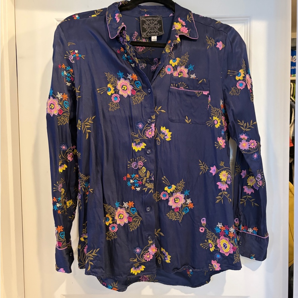 Johnny Was Navy Floral Button-Up Shirt with Pink & Yellow Embroidery